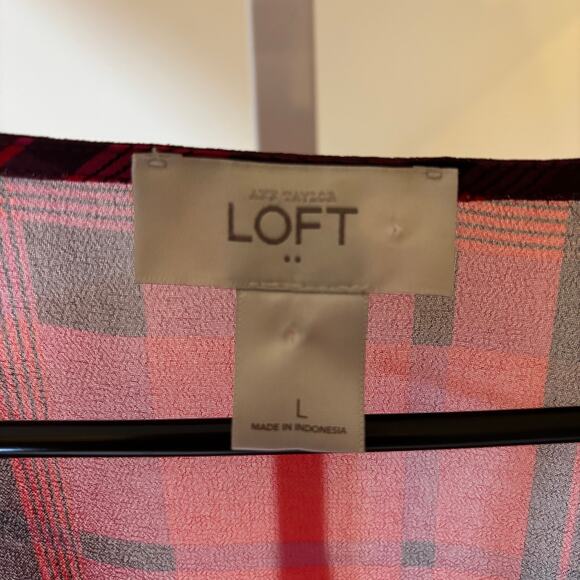 Loft EUC Women's Sheer Red Plaid Faux Wrap Blouse Size L - Picture 2 of 5